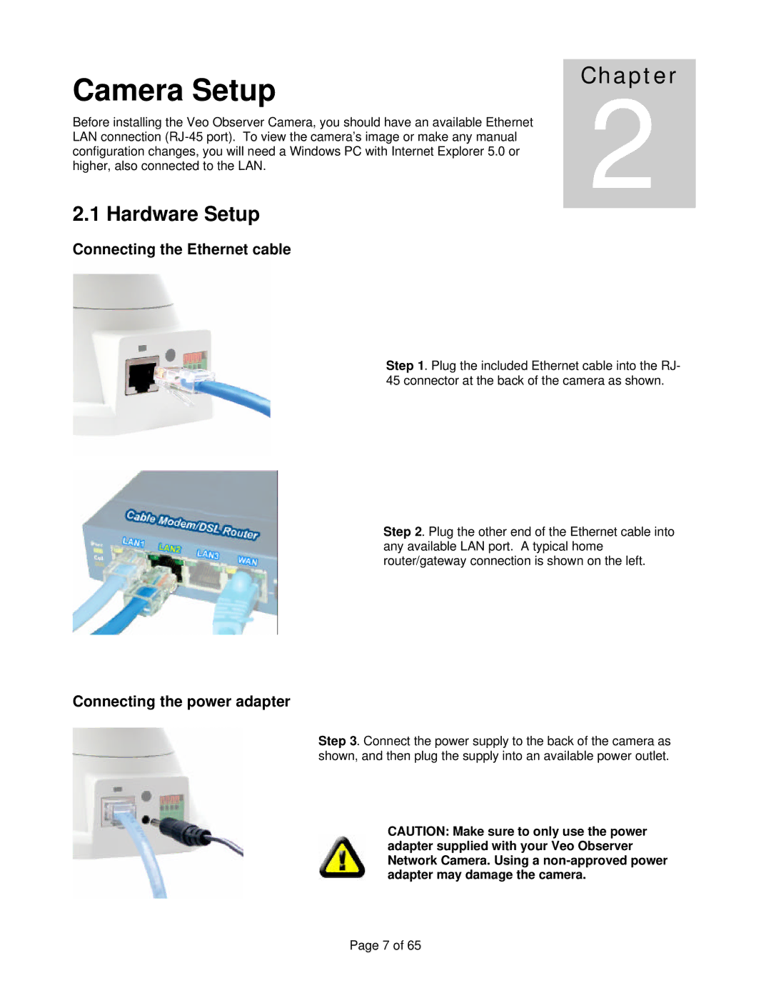 Veo Observer manual Camera Setup, Hardware Setup, Connecting the Ethernet cable, Connecting the power adapter 