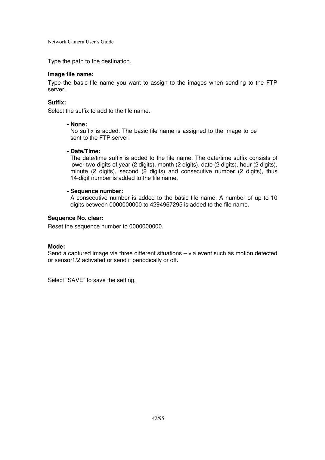 Veo Pan and Tilt manual Image file name, Suffix, None, Date/Time, Sequence number, Sequence No. clear, Mode 