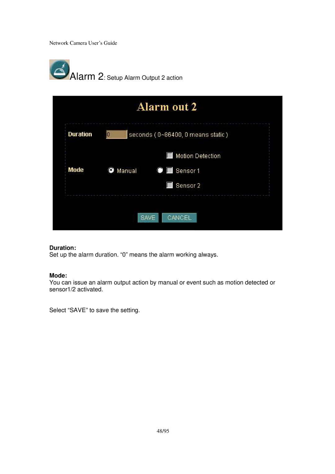 Veo Pan and Tilt manual Alarm 2 Setup Alarm Output 2 action 