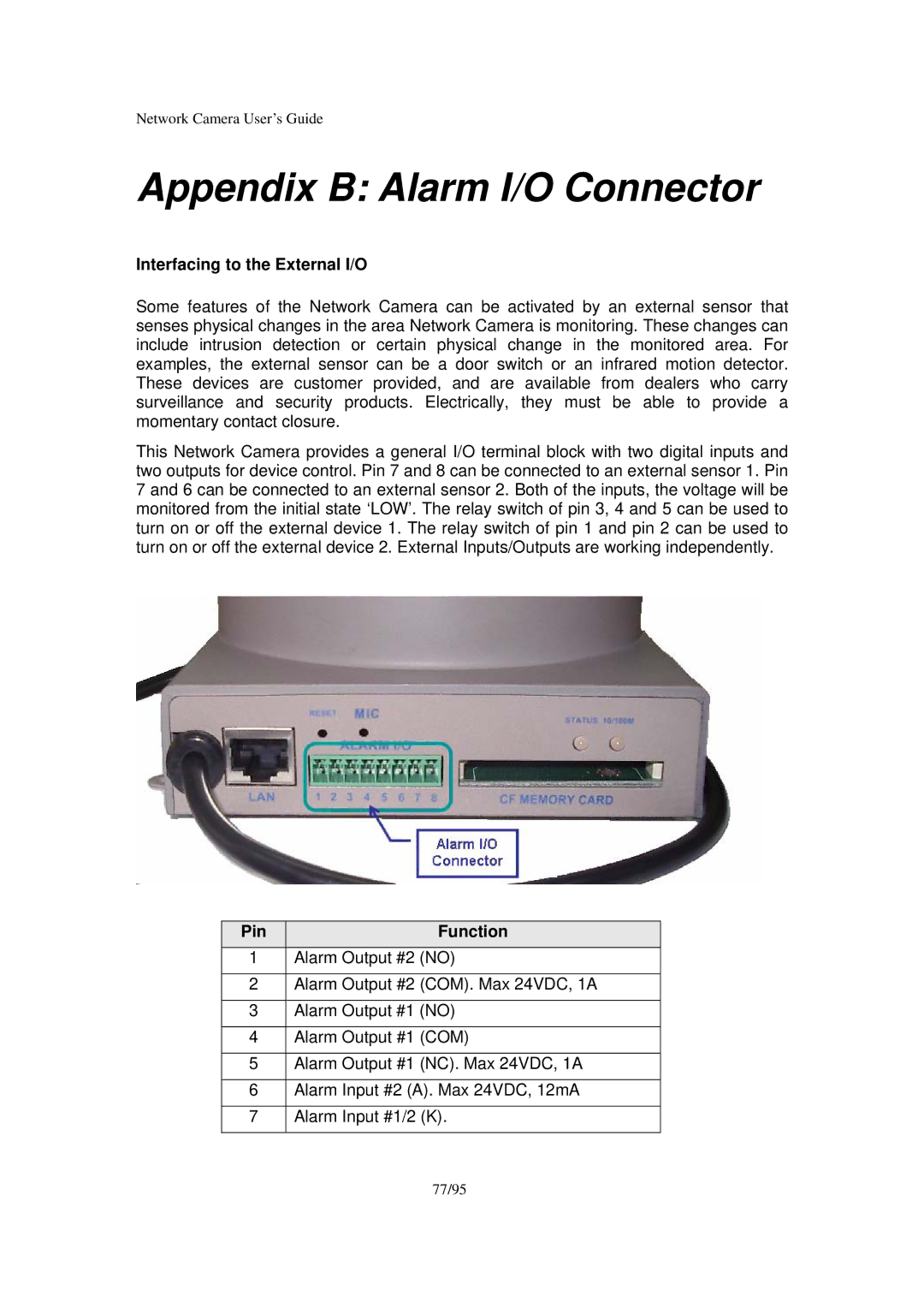 Veo Pan and Tilt manual Appendix B Alarm I/O Connector, Interfacing to the External I/O, Pin Function 