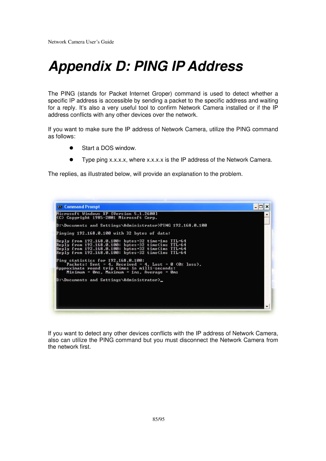 Veo Pan and Tilt manual Appendix D Ping IP Address 