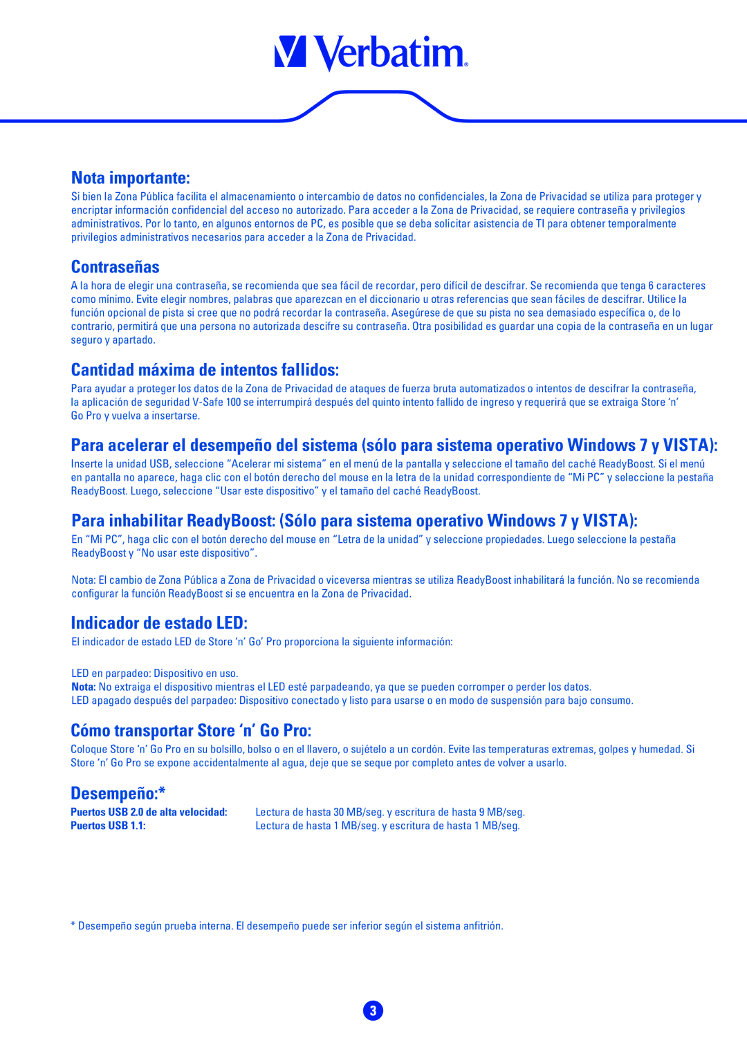 Verbatim 49174 Nota importante, Contraseñas, Cantidad máxima de intentos fallidos, Indicador de estado LED, Desempeño 