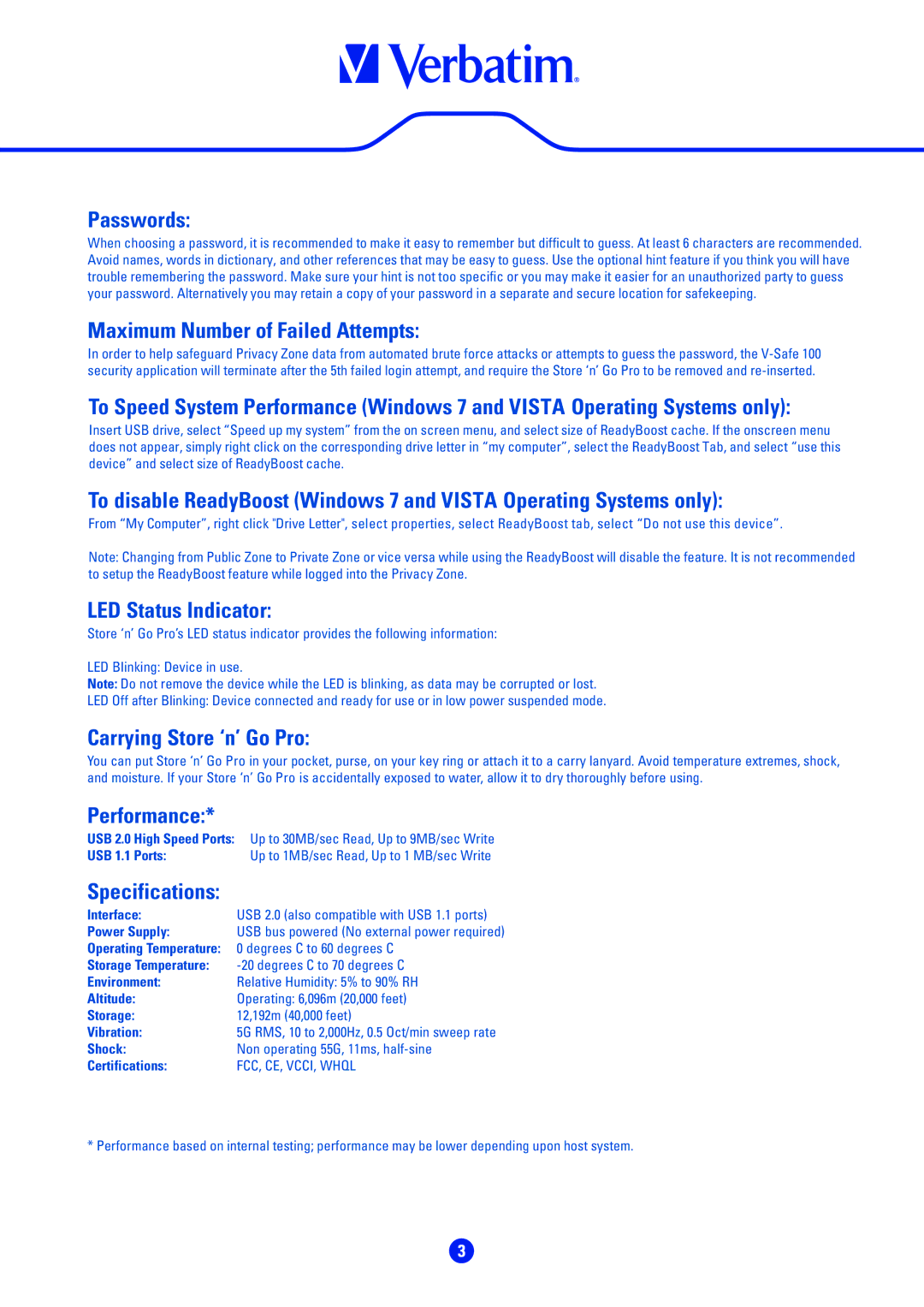 Verbatim 49174 Passwords, Maximum Number of Failed Attempts, LED Status Indicator, Carrying Store ‘n’ Go Pro, Performance 