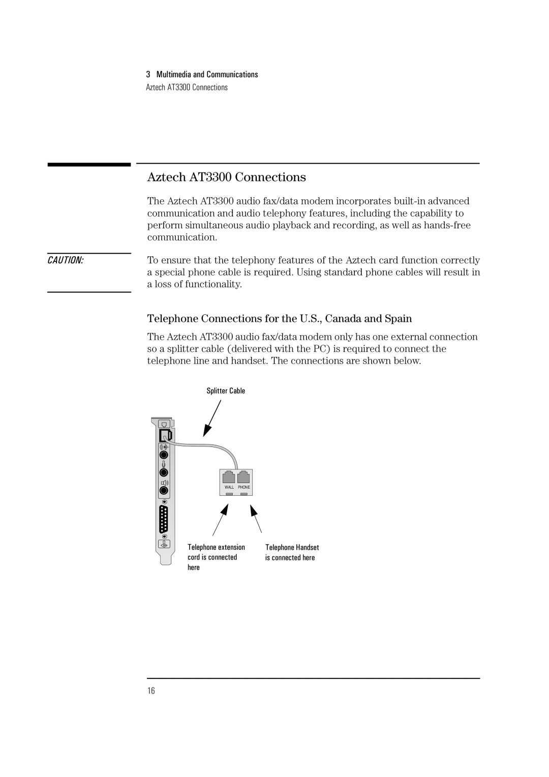 Verbatim 525, 520 manual Aztech AT3300 Connections, Telephone Connections for the U.S., Canada and Spain 