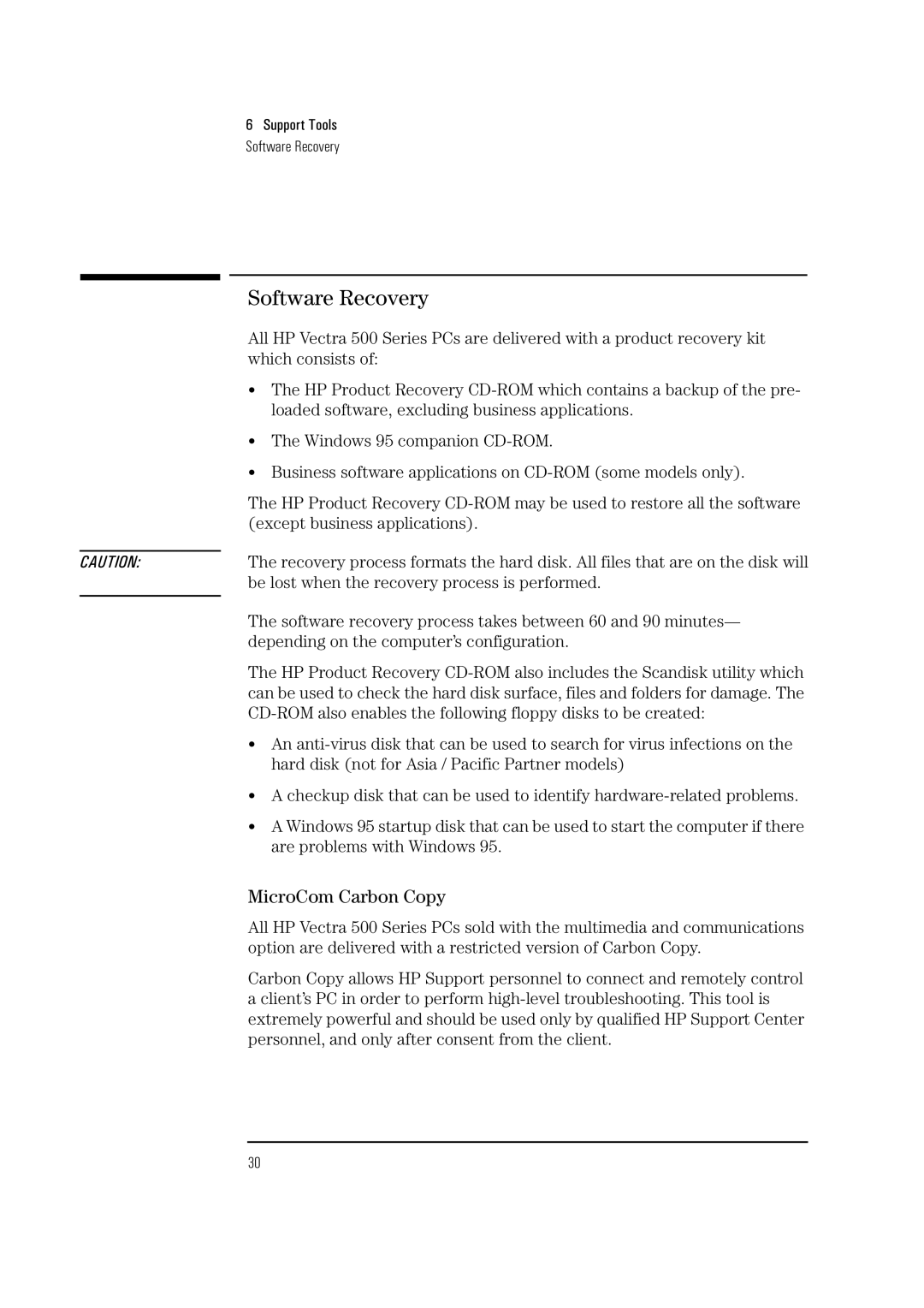 Verbatim 525, 520 manual Software Recovery, MicroCom Carbon Copy 