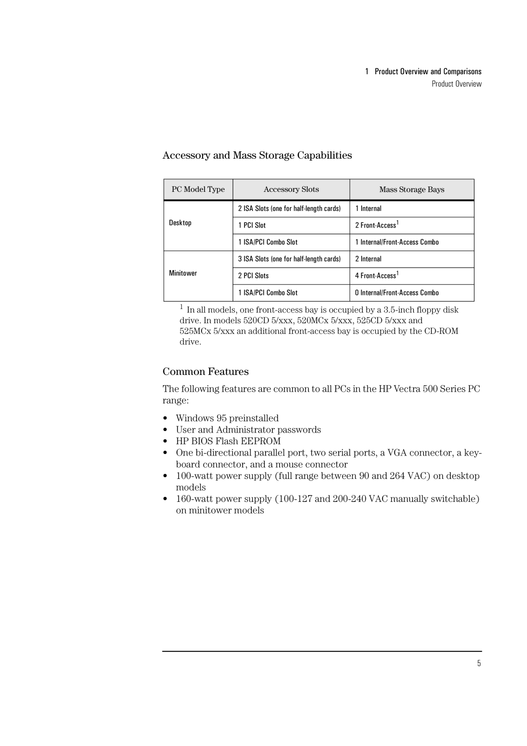 Verbatim 520, 525 manual Accessory and Mass Storage Capabilities, Common Features 