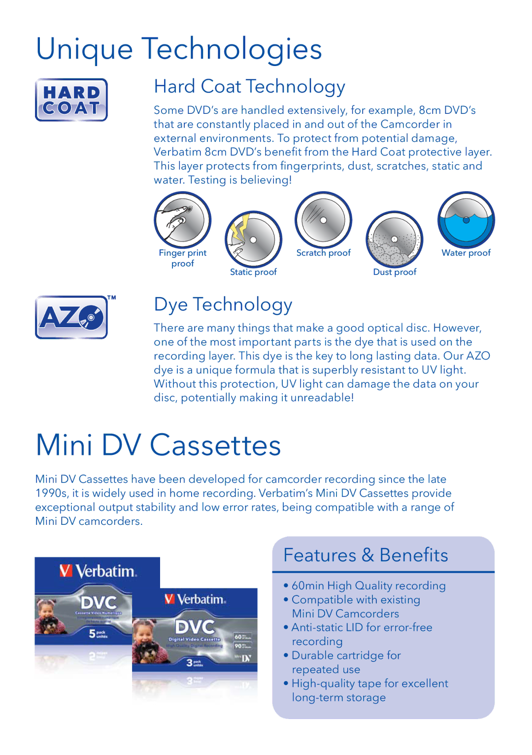 Verbatim 8cm DVD manual Unique Technologies, Mini DV Cassettes, Hard Coat Technology, Dye Technology 