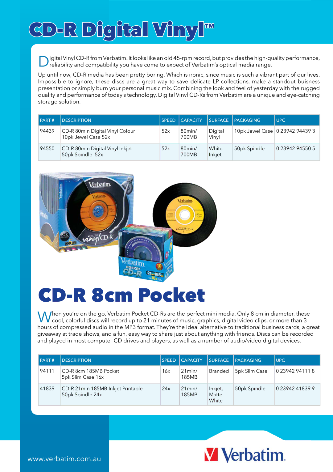 Verbatim 94576 manual CD-R Digital Vinyl, CD-R 8cm Pocket 