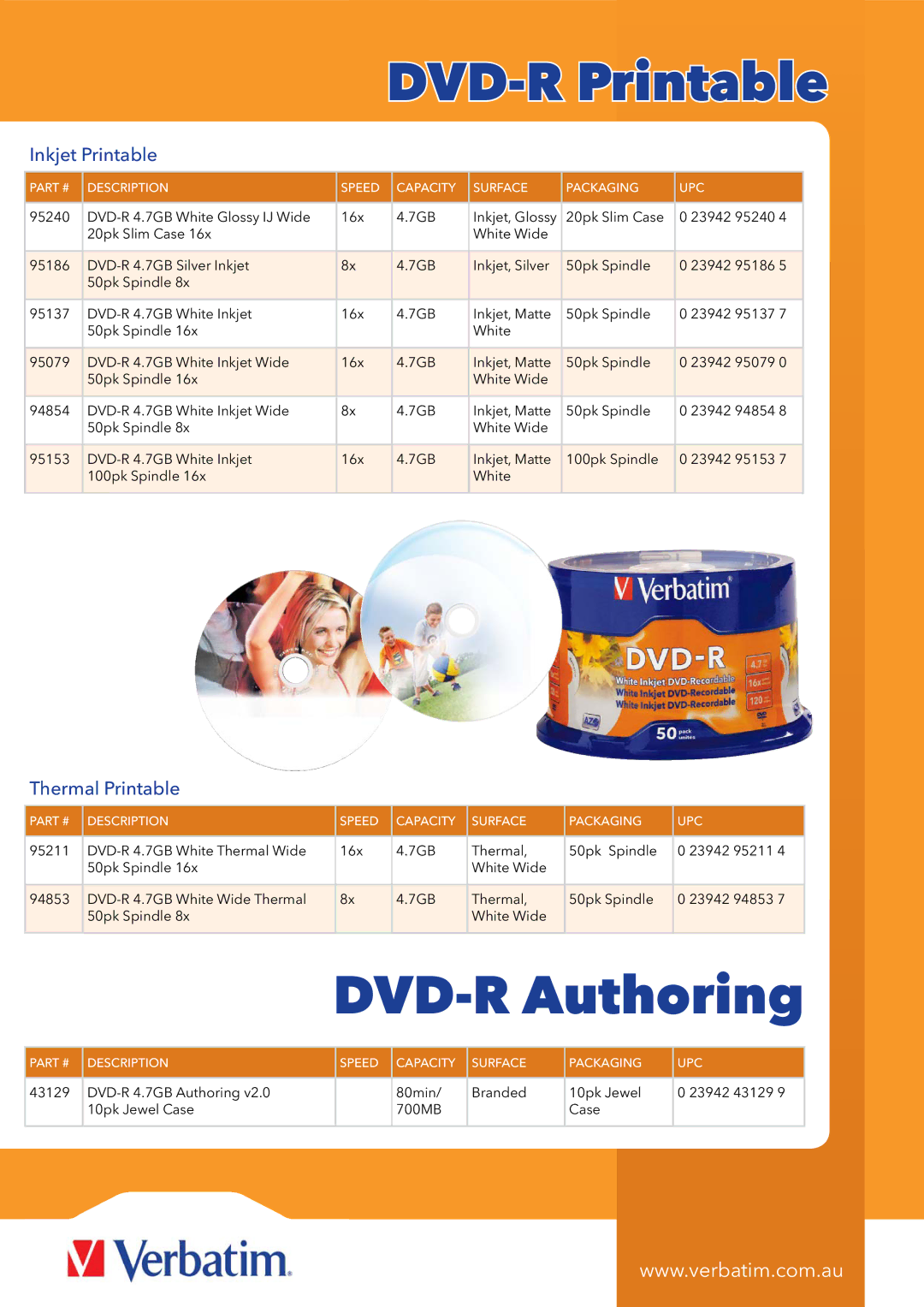 Verbatim 95051 manual DVD-R Printable, DVD-R Authoring, Inkjet Printable, Thermal Printable 