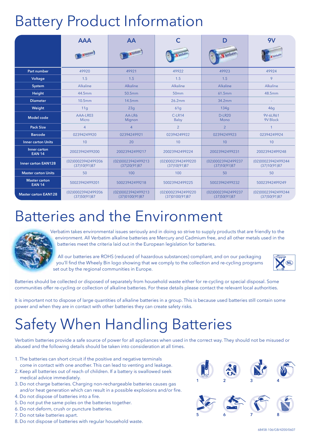 Verbatim AAA-LR03 manual Battery Product Information, Batteries and the Environment, Safety When Handling Batteries 