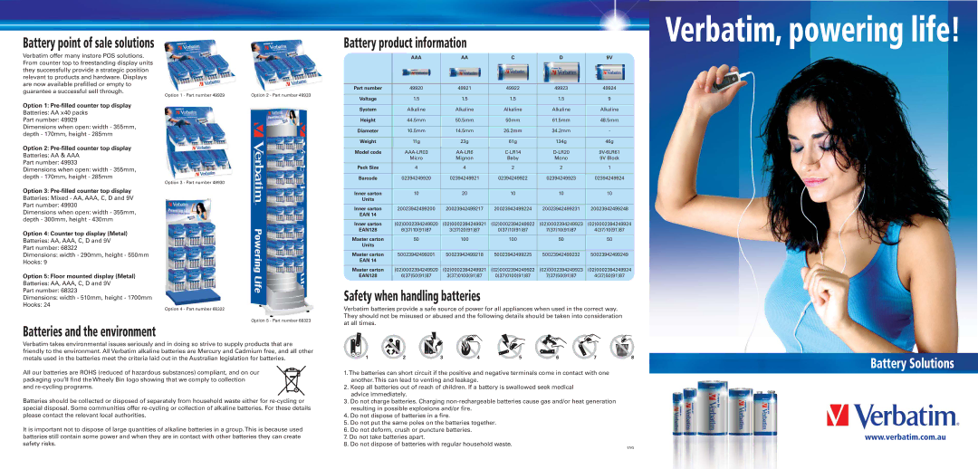 Verbatim dimensions Battery point of sale solutions, Batteries and the environment, Battery product information 