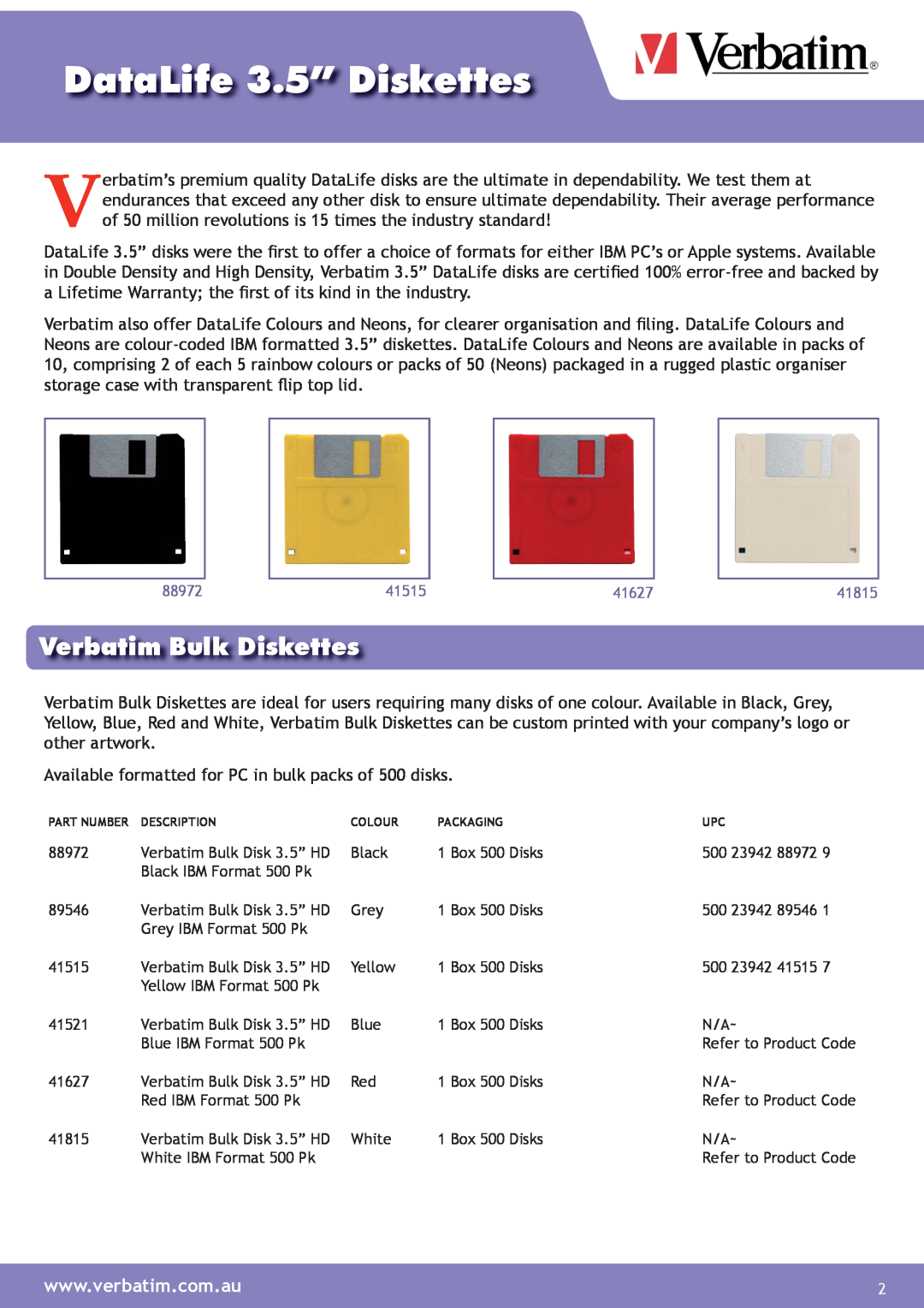 Verbatim Datalife 3.5" Diskette manual DataLife 3.5” Diskettes, Verbatim Bulk Diskettes 