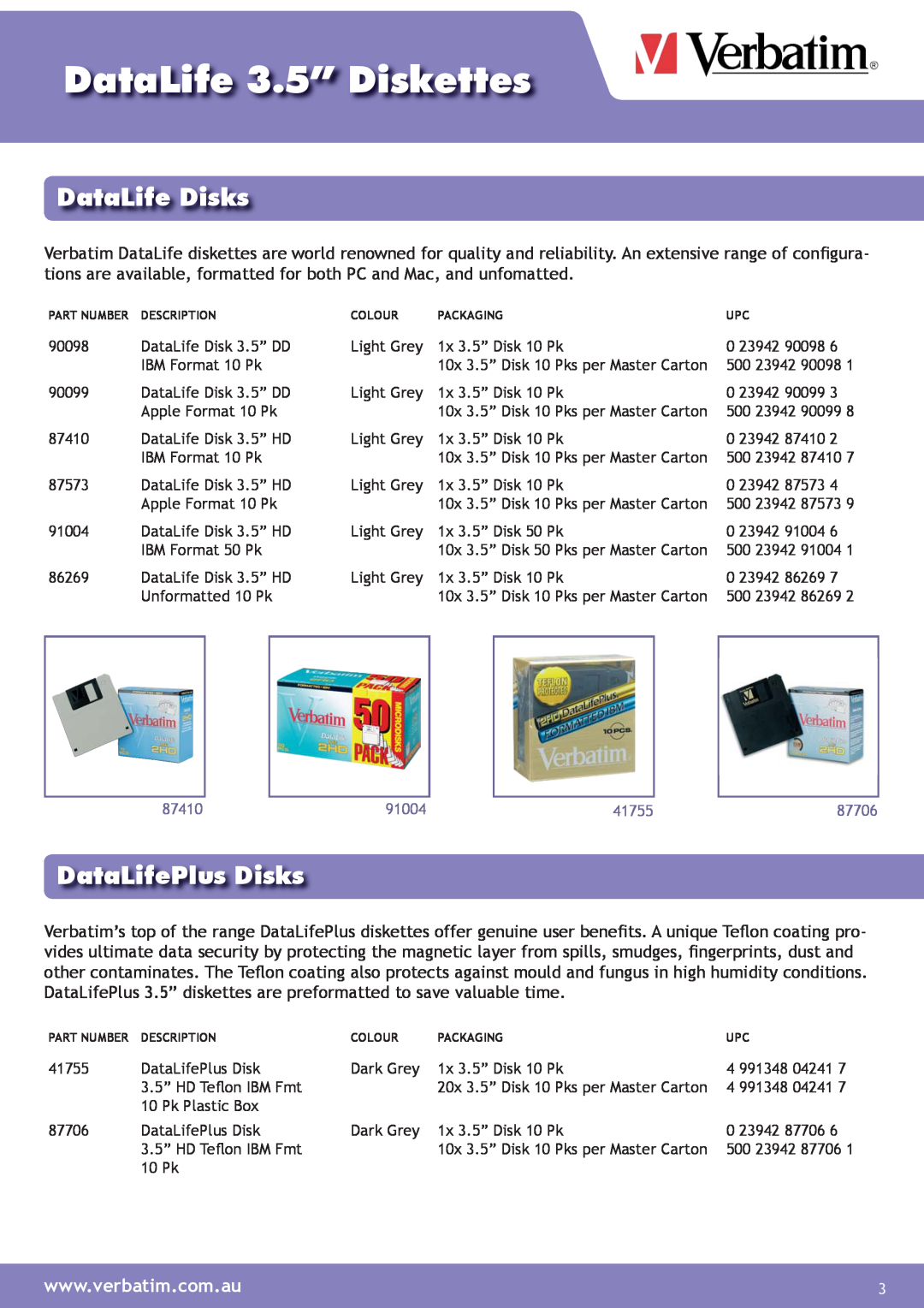 Verbatim Datalife 3.5" Diskette manual DataLife Disks, DataLifePlus Disks, DataLife 3.5” Diskettes 