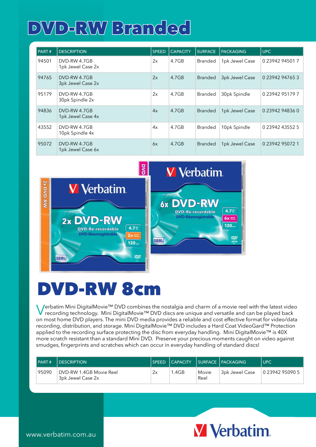 Verbatim manual DVD-RW Branded, DVD-RW 8cm 