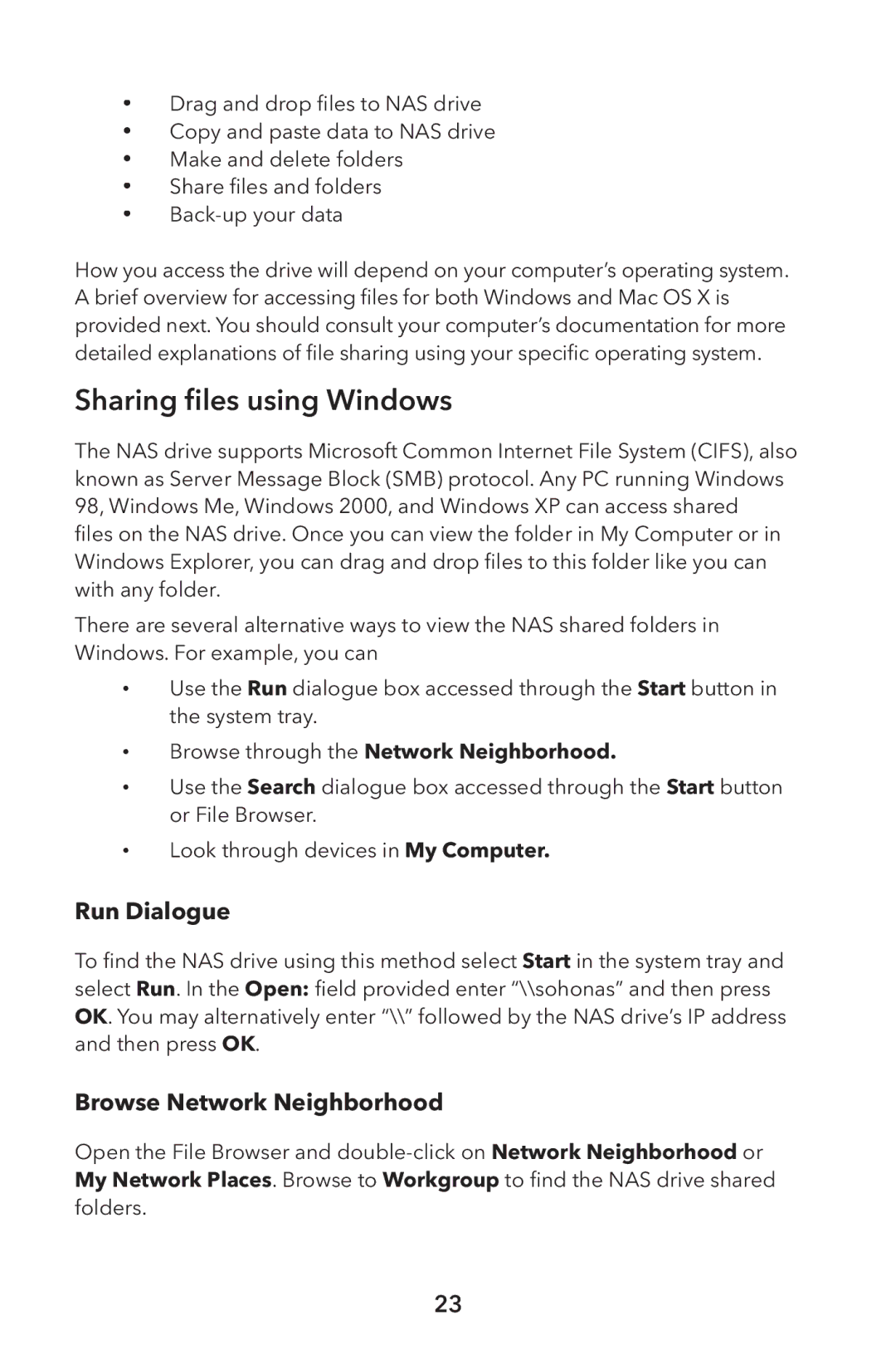 Verbatim External Hard Drive NAS manual Sharing ﬁles using Windows, Run Dialogue, Browse Network Neighborhood 