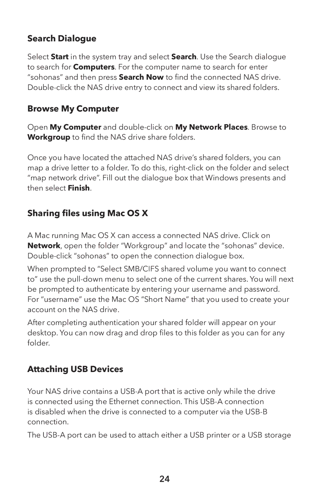 Verbatim External Hard Drive NAS Search Dialogue, Browse My Computer, Sharing ﬁles using Mac OS, Attaching USB Devices 