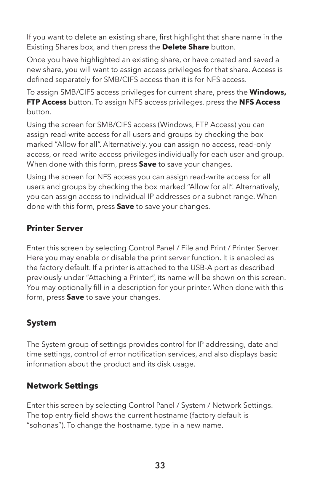 Verbatim External Hard Drive NAS manual Printer Server, System, Network Settings 