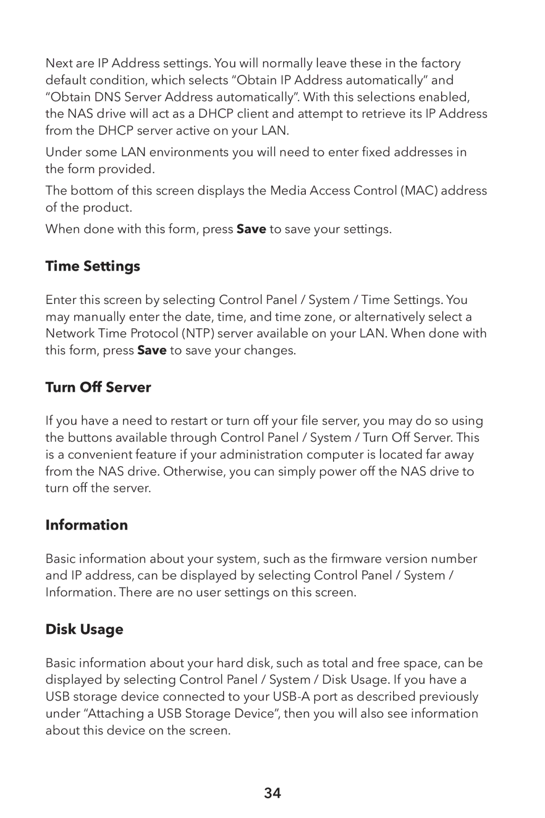 Verbatim External Hard Drive NAS manual Time Settings, Turn Off Server, Information, Disk Usage 