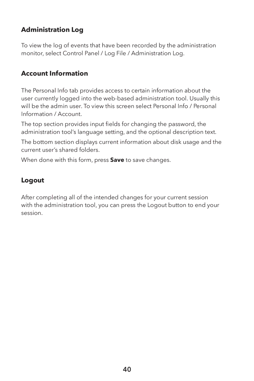 Verbatim External Hard Drive NAS manual Administration Log, Account Information, Logout 