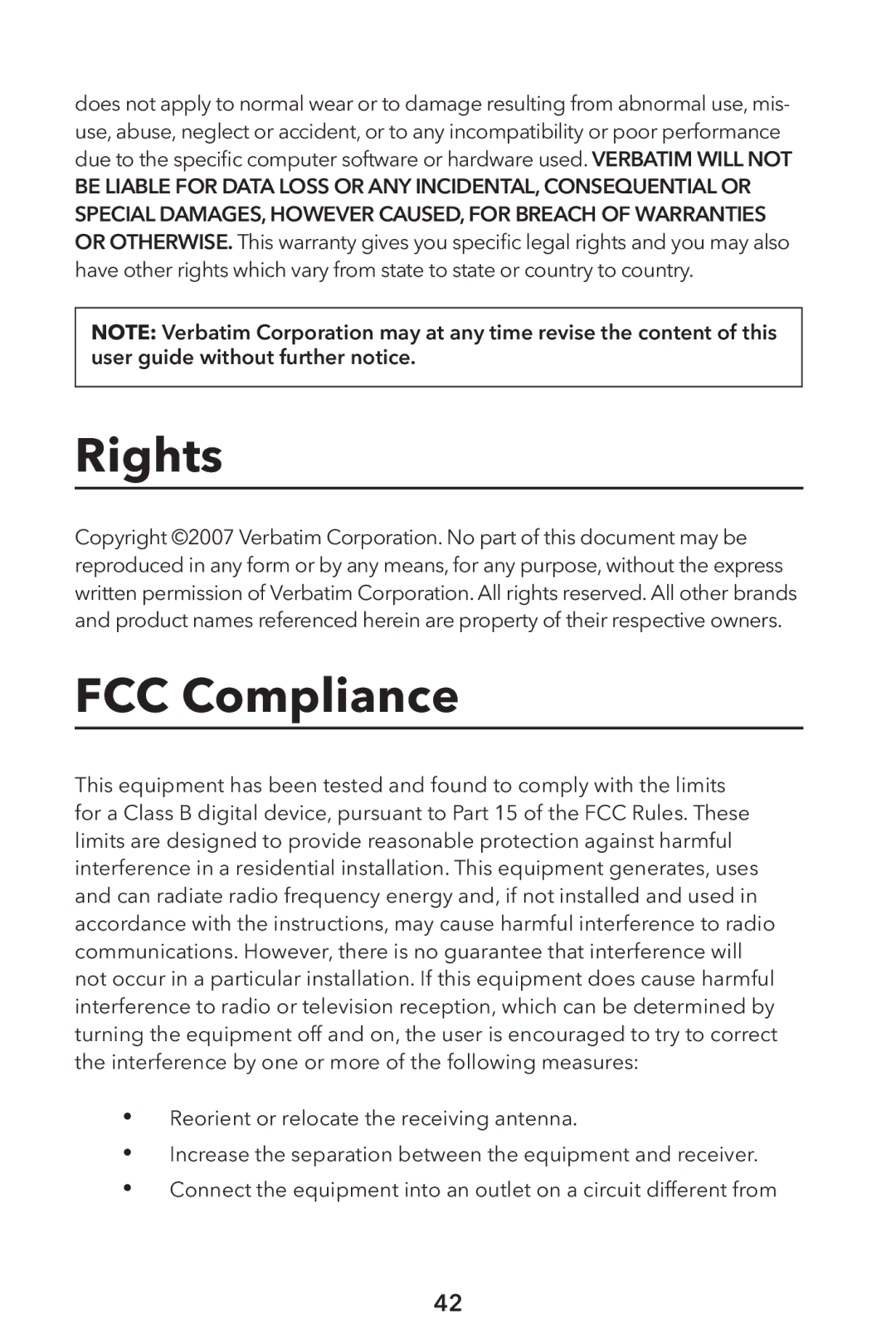 Verbatim External Hard Drive NAS manual Rights, FCC Compliance 