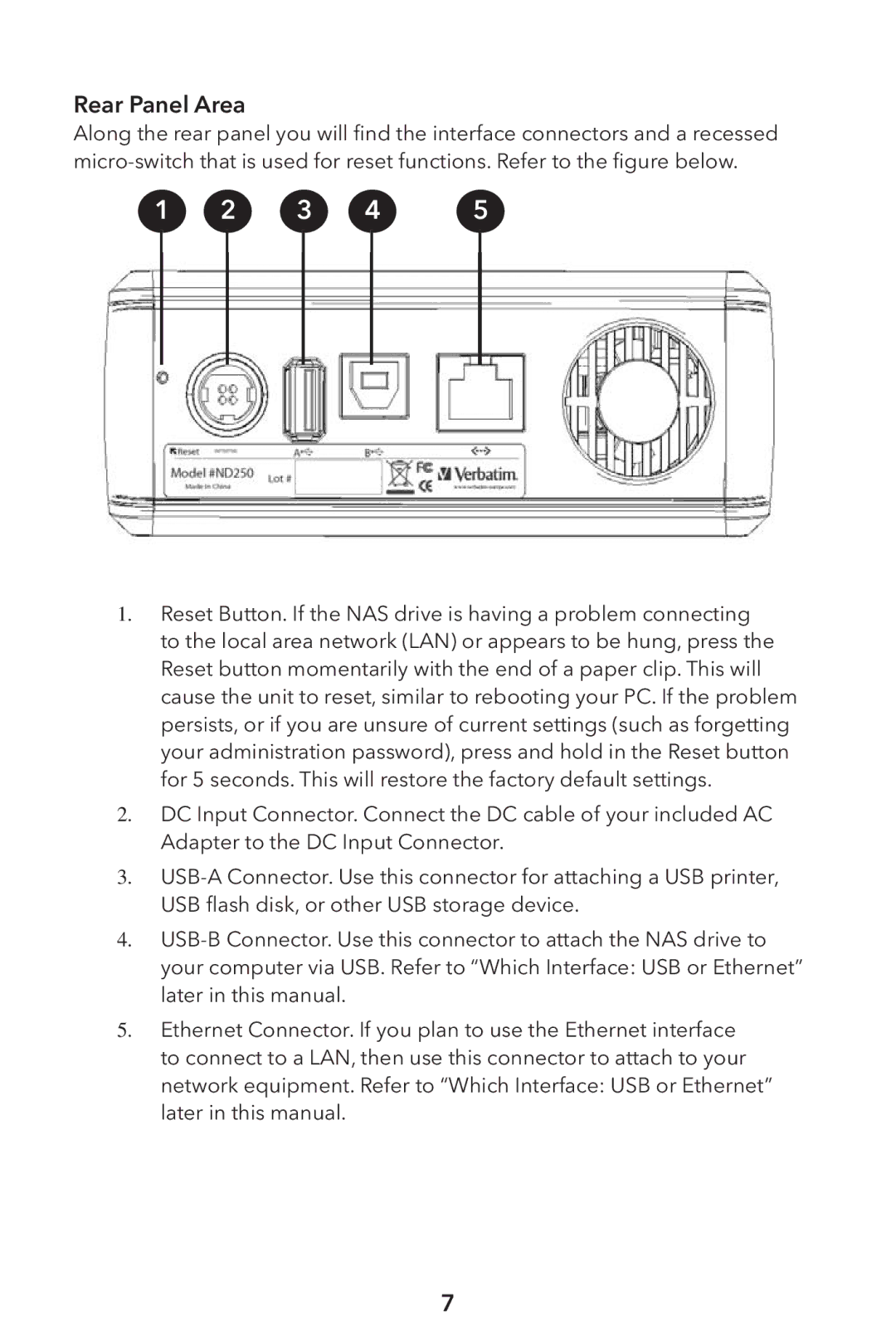 Verbatim External Hard Drive NAS manual Rear Panel Area 