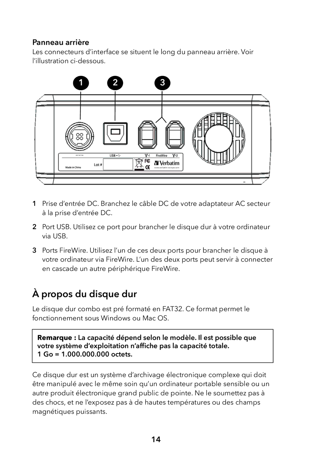 Verbatim External Hard Drive manual Propos du disque dur, Panneau arrière 