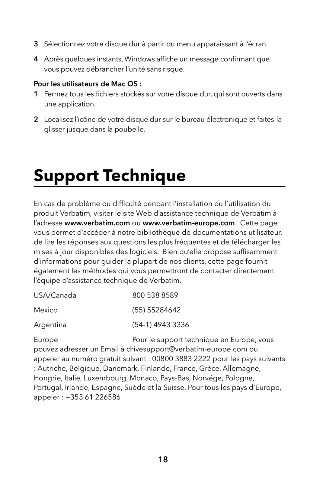 Verbatim External Hard Drive manual Support Technique 