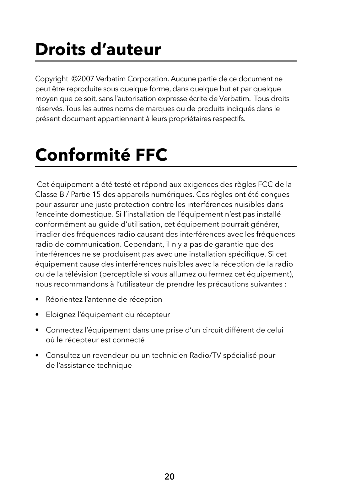 Verbatim External Hard Drive manual Droits d’auteur, Conformité FFC 