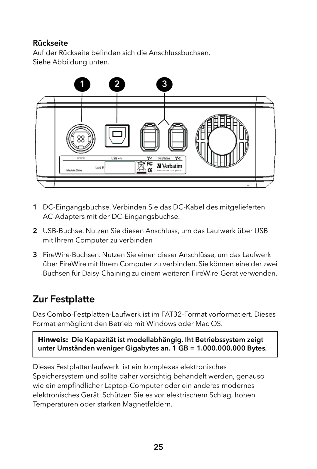 Verbatim External Hard Drive manual Zur Festplatte, Rückseite 