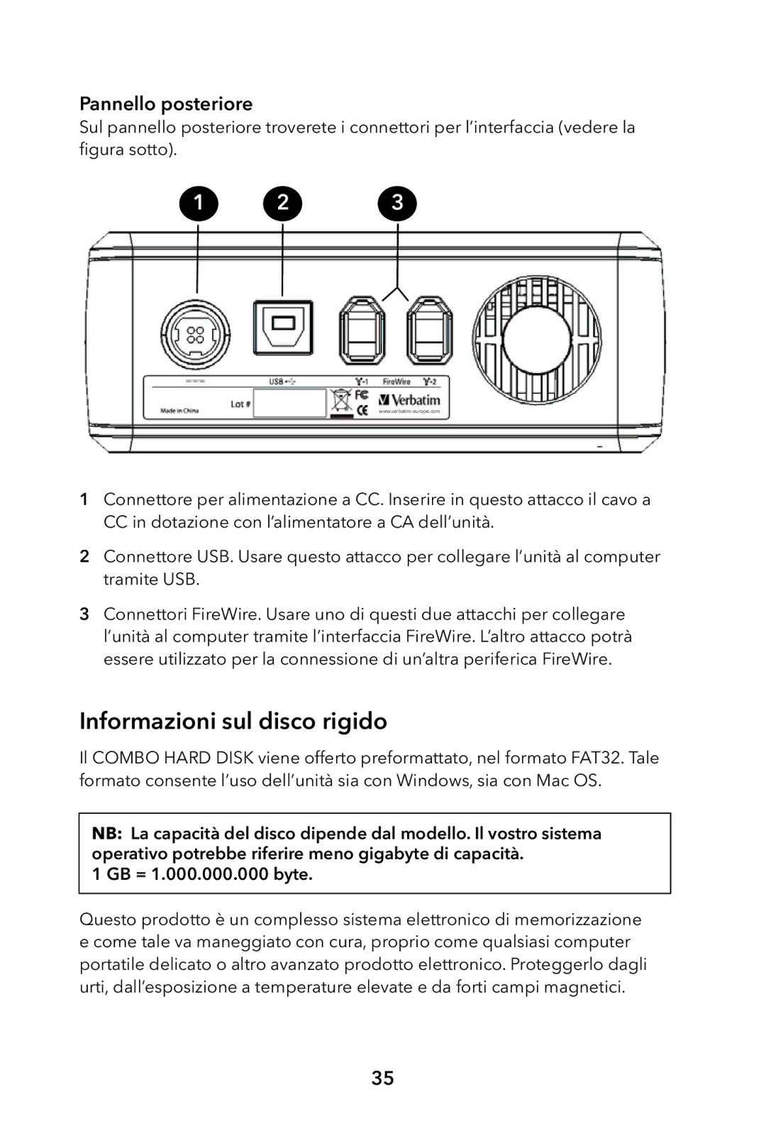 Verbatim External Hard Drive manual Informazioni sul disco rigido, Pannello posteriore 