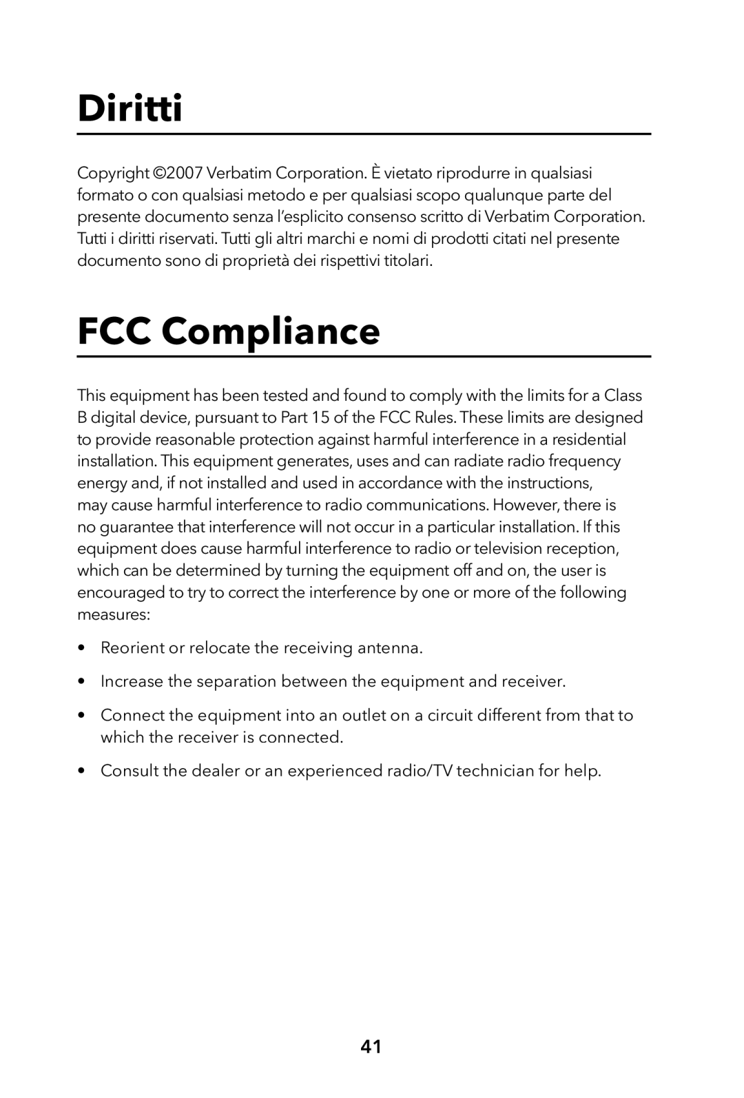 Verbatim External Hard Drive manual Diritti, FCC Compliance 