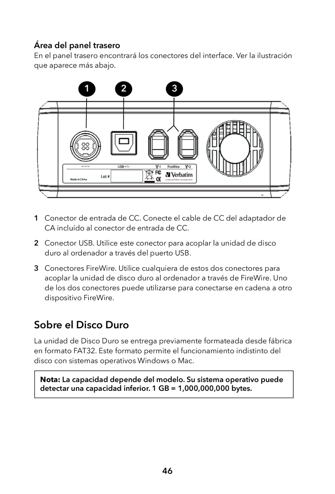 Verbatim External Hard Drive manual Sobre el Disco Duro, Área del panel trasero 