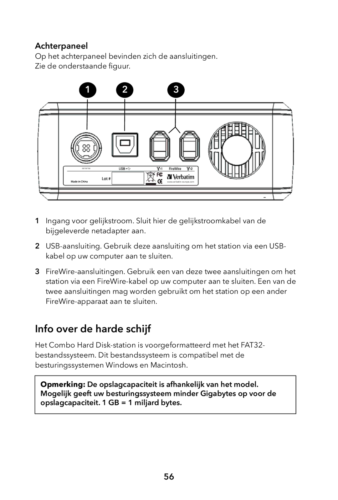 Verbatim External Hard Drive manual Info over de harde schijf, Achterpaneel 