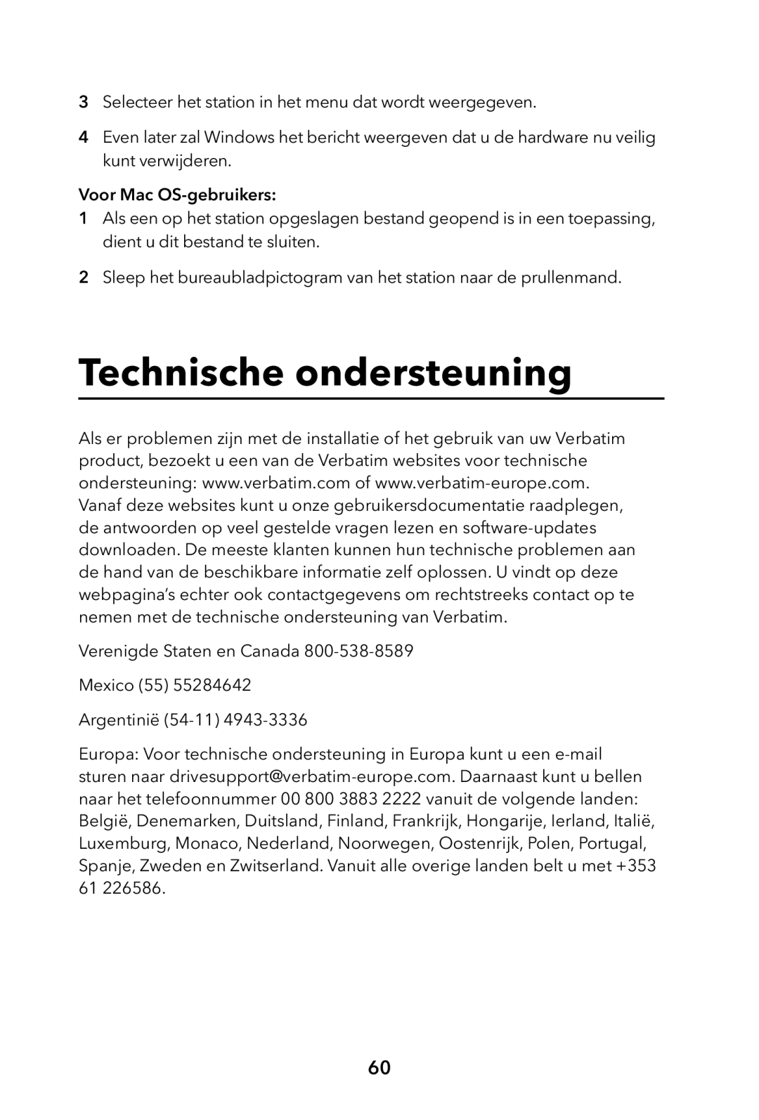 Verbatim External Hard Drive manual Technische ondersteuning 