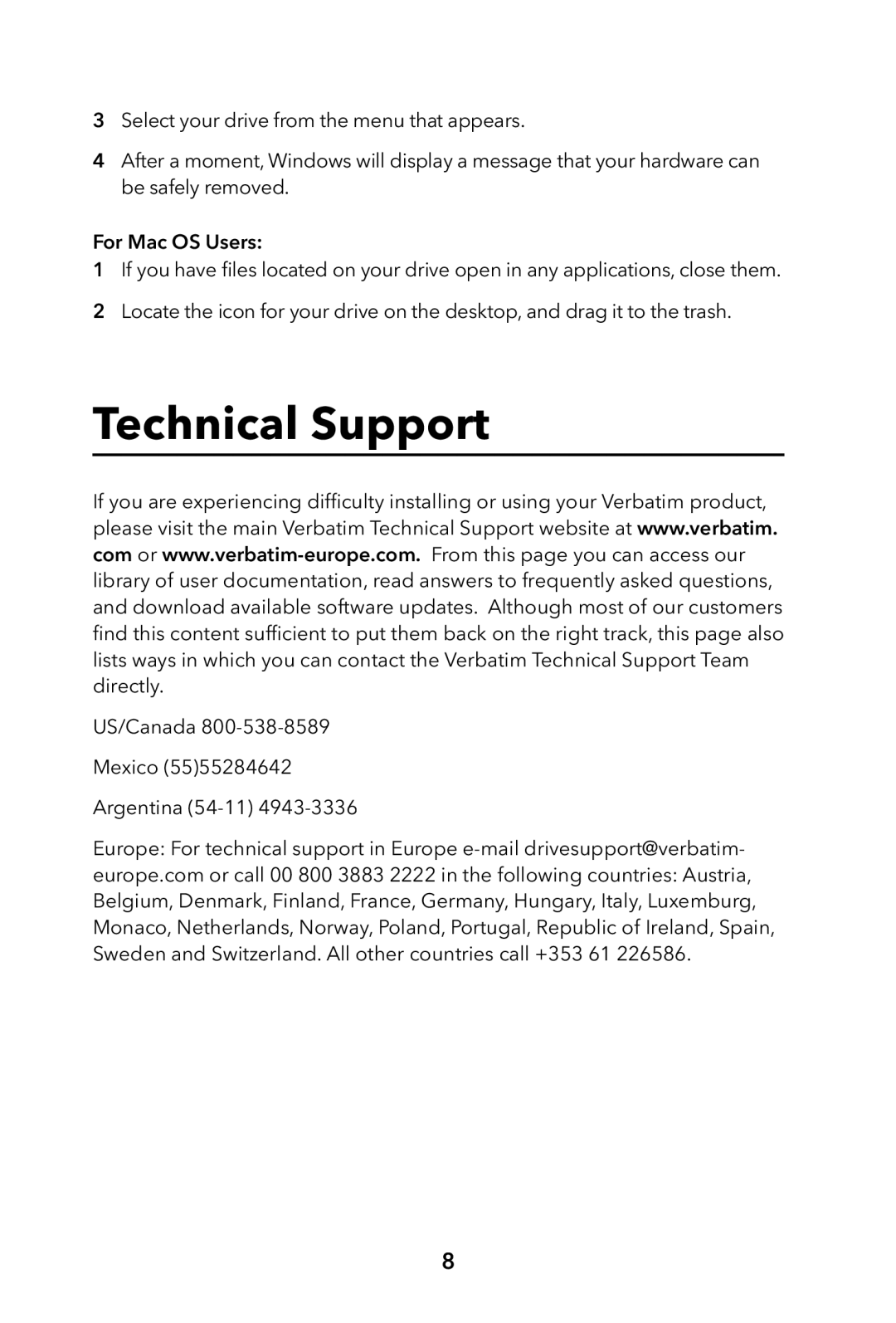 Verbatim External Hard Drive manual Technical Support 