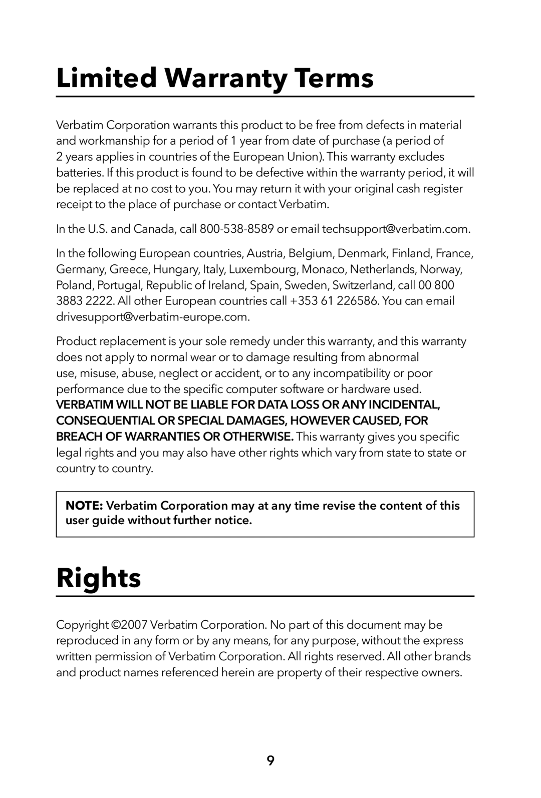 Verbatim External Hard Drive manual Limited Warranty Terms, Rights 