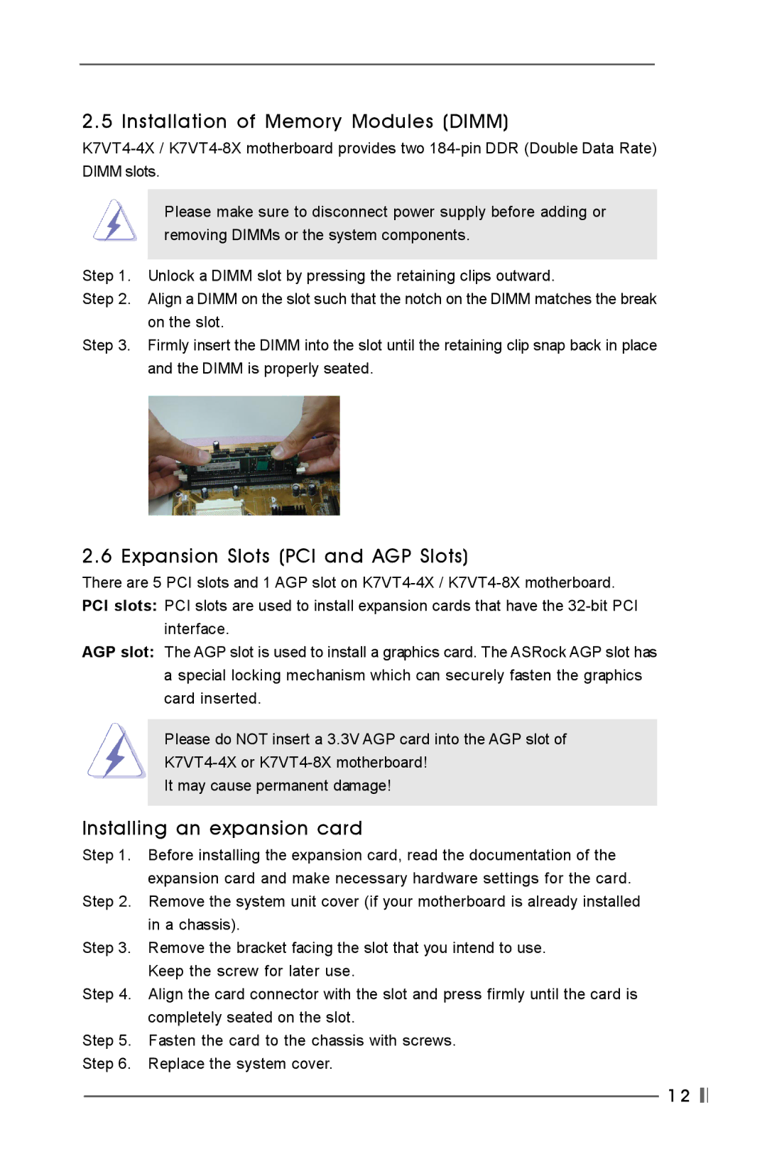 Verbatim K7VT4-8X Installation of Memory Modules Dimm, Expansion Slots PCI and AGP Slots, Installing an expansion card 