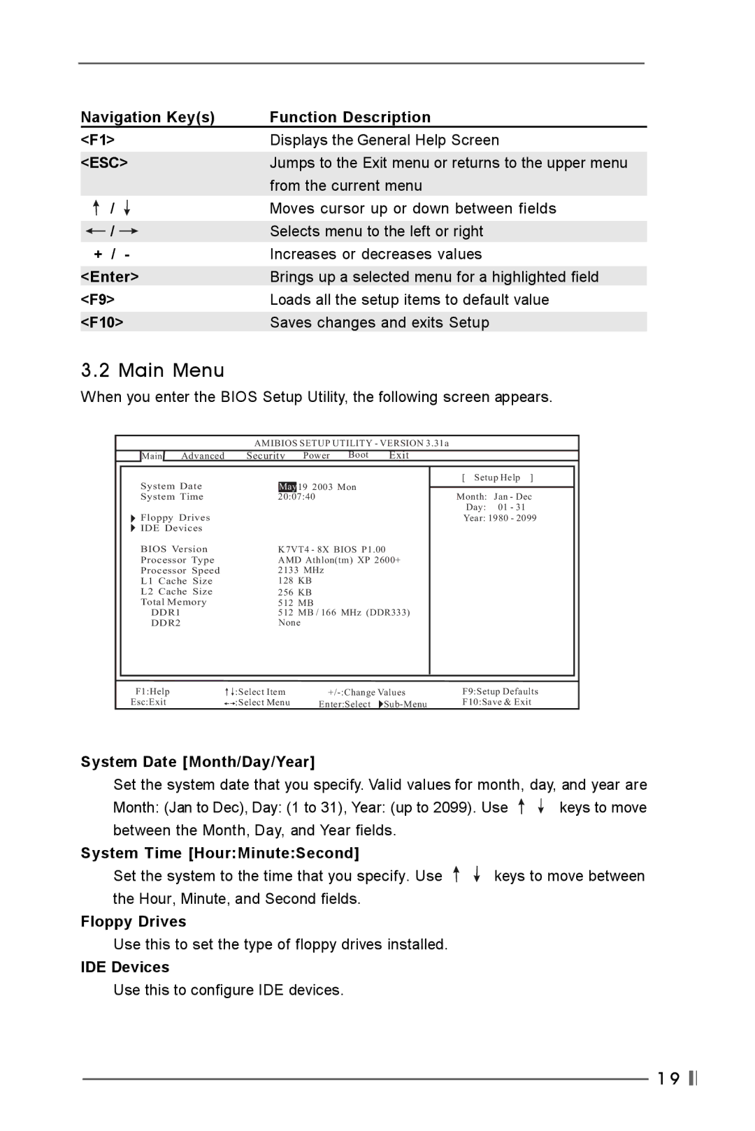 Verbatim K7VT4-4X, K7VT4-8X user manual Main Menu, Esc 