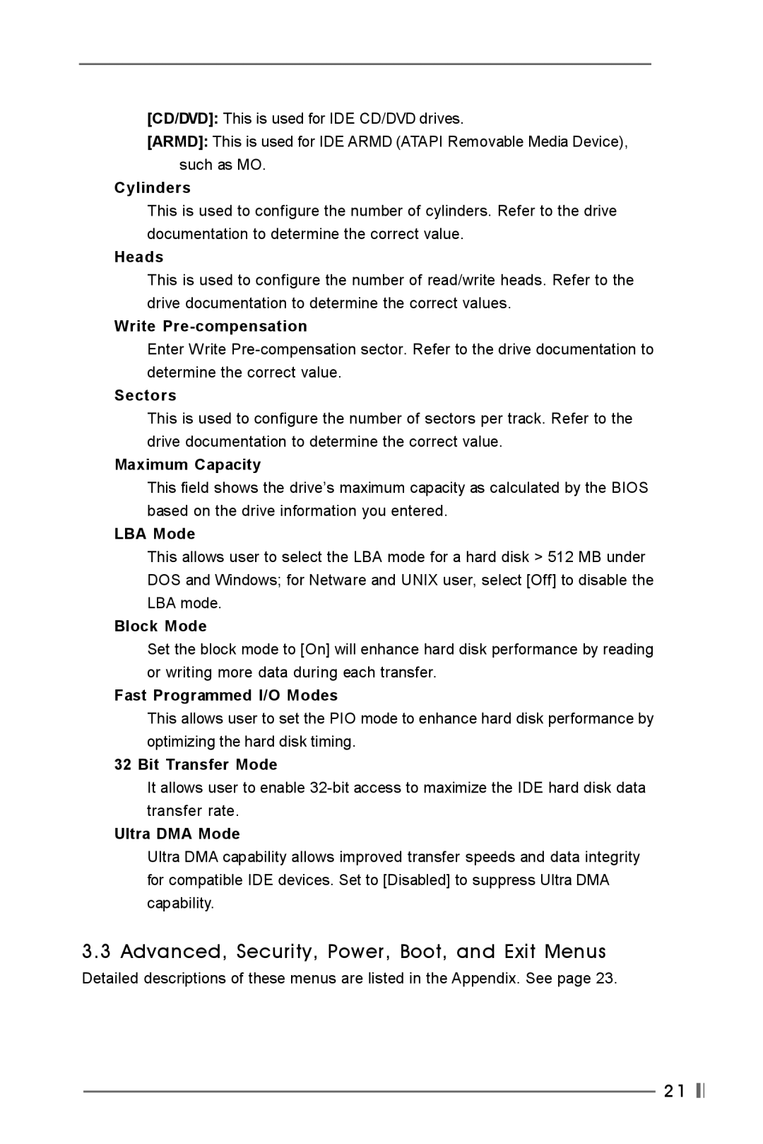 Verbatim K7VT4-4X, K7VT4-8X user manual Advanced, Security, Power, Boot, and Exit Menus 