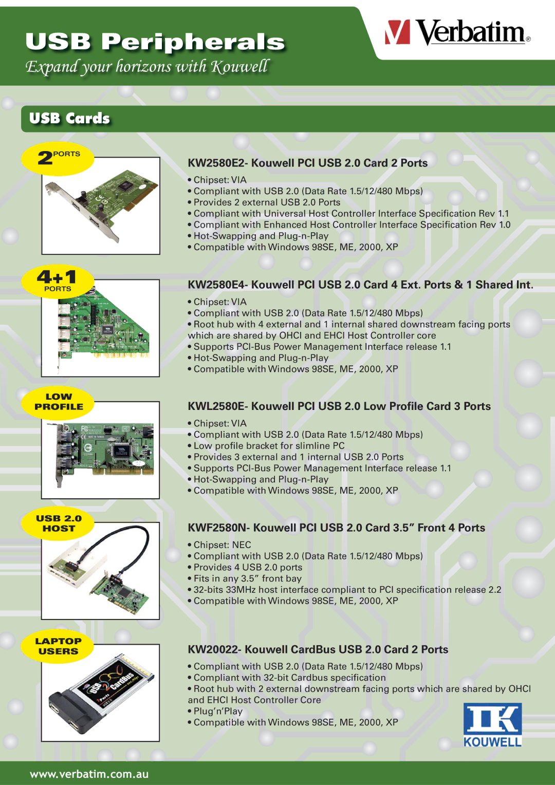 Verbatim KWL2580E, KW20022, KW2580E4, KWF2580N manual USB Cards, KW2580E2- Kouwell PCI USB 2.0 Card 2 Ports 