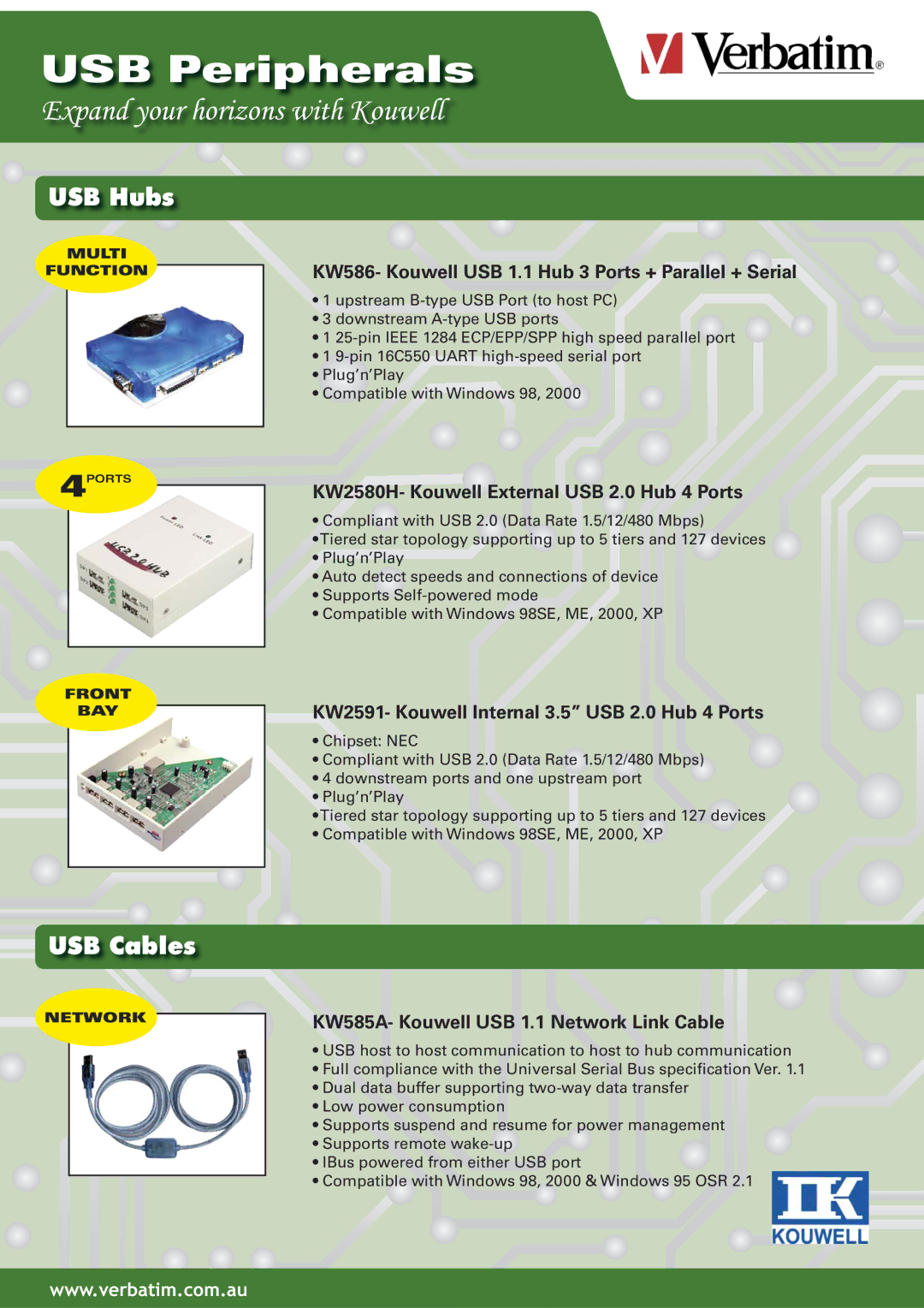 Verbatim KW2580E4, KW20022, KWL2580E, KW2580E2, KWF2580N manual USB Hubs, USB Cables 