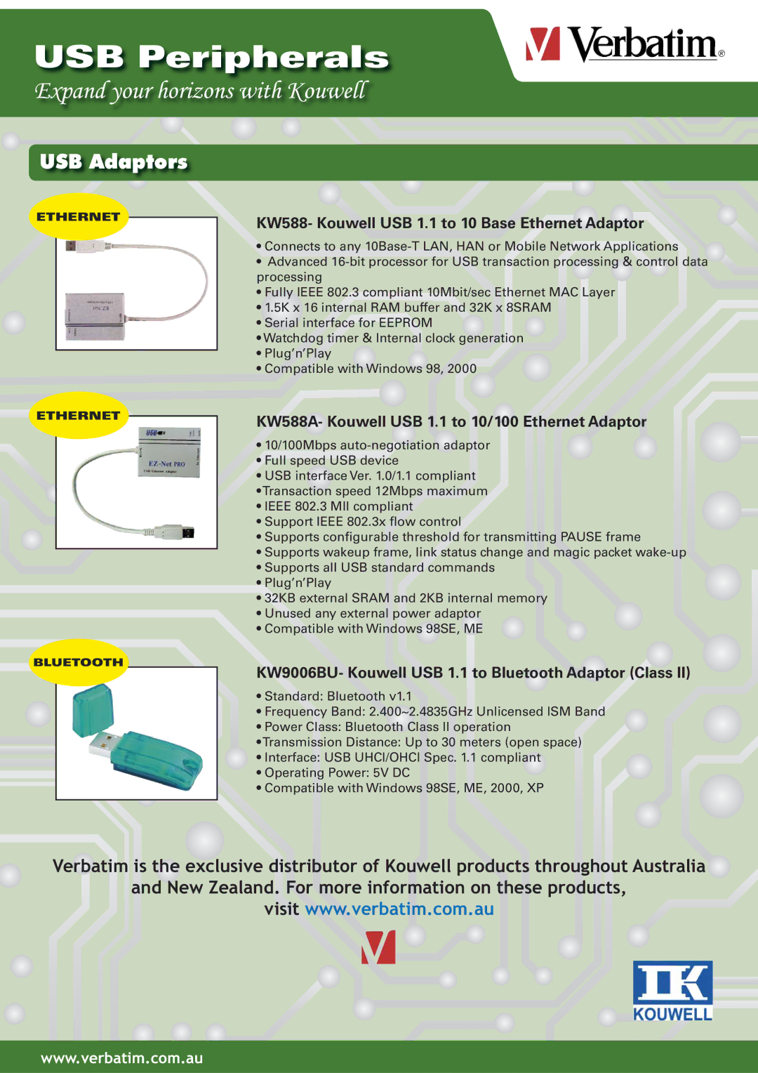 Verbatim KW2580E2, KW20022, KWL2580E, KW2580E4, KWF2580N USB Adaptors, KW588- Kouwell USB 1.1 to 10 Base Ethernet Adaptor 