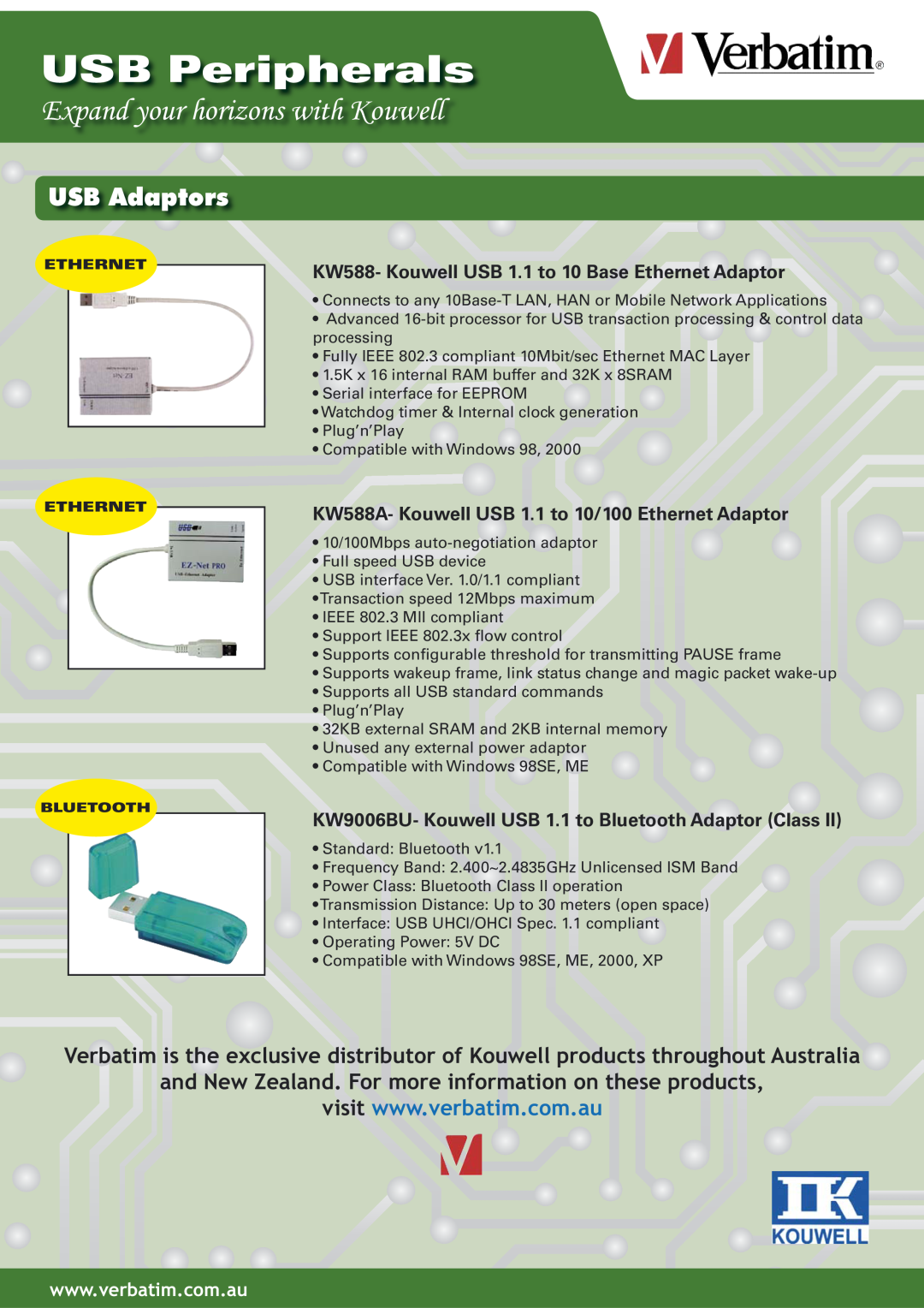 Verbatim KW2580E2, KW20022, KWL2580E manual USB Adaptors, KW588- Kouwell USB 1.1 to 10 Base Ethernet Adaptor, USB Peripherals 