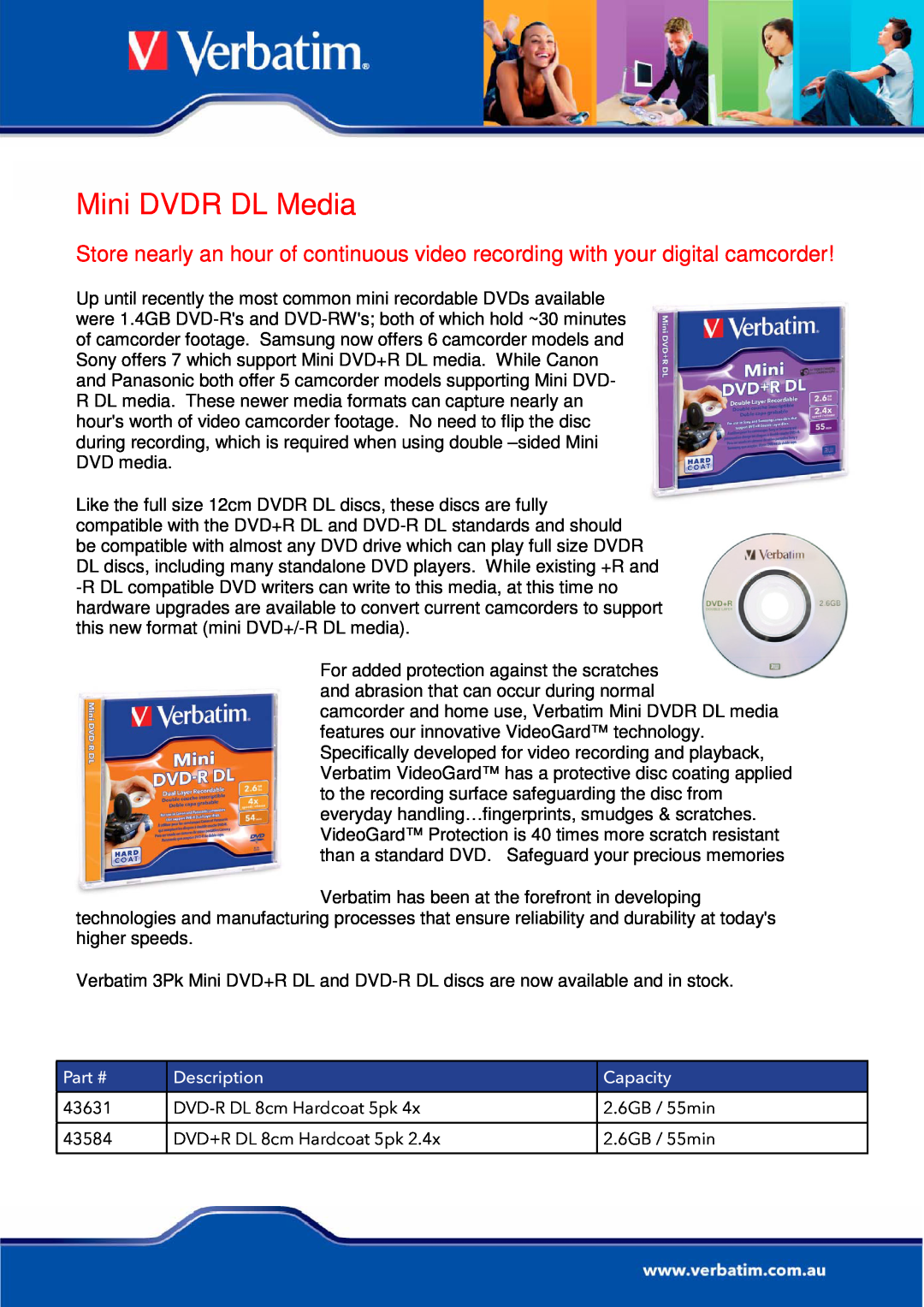 Verbatim Mini DVDR DL Media manual Description, Capacity 