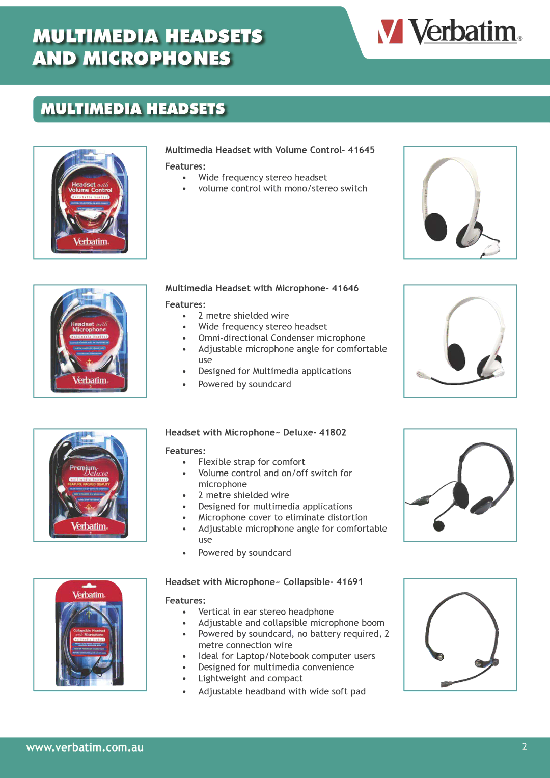 Verbatim Multimedia Headsets & Microphones manual Multimedia Headset with Volume Control Features 