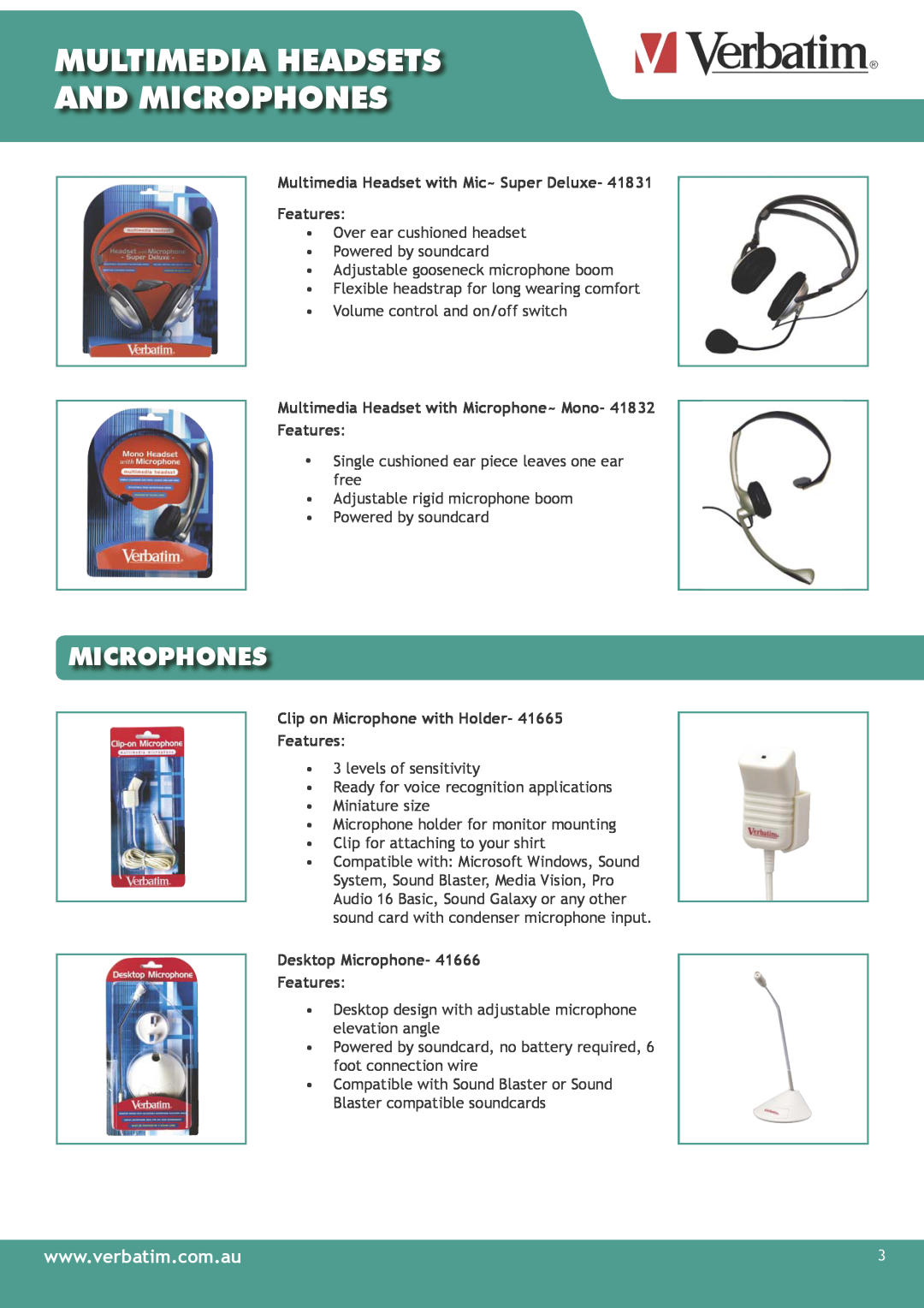 Verbatim Multimedia Headsets & Microphones Multimedia Headset with Mic~ Super Deluxe Features, Desktop Microphone Features 