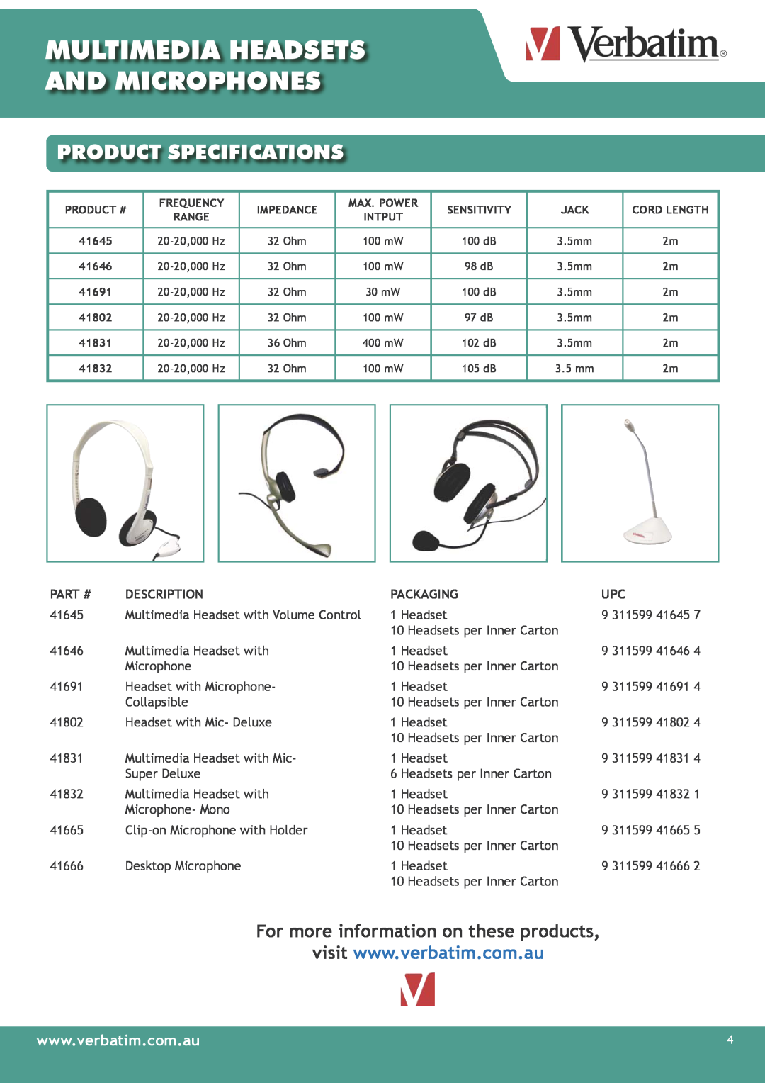 Verbatim Multimedia Headsets & Microphones manual Product Specifications, Part #, Description, Packaging 