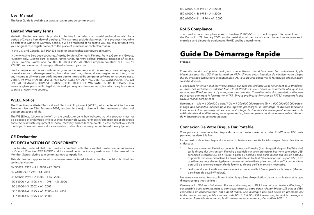 Verbatim Portable Hard Drive Combo USB quick start Guide De Démarrage Rapide, EC Declaration of Conformity 