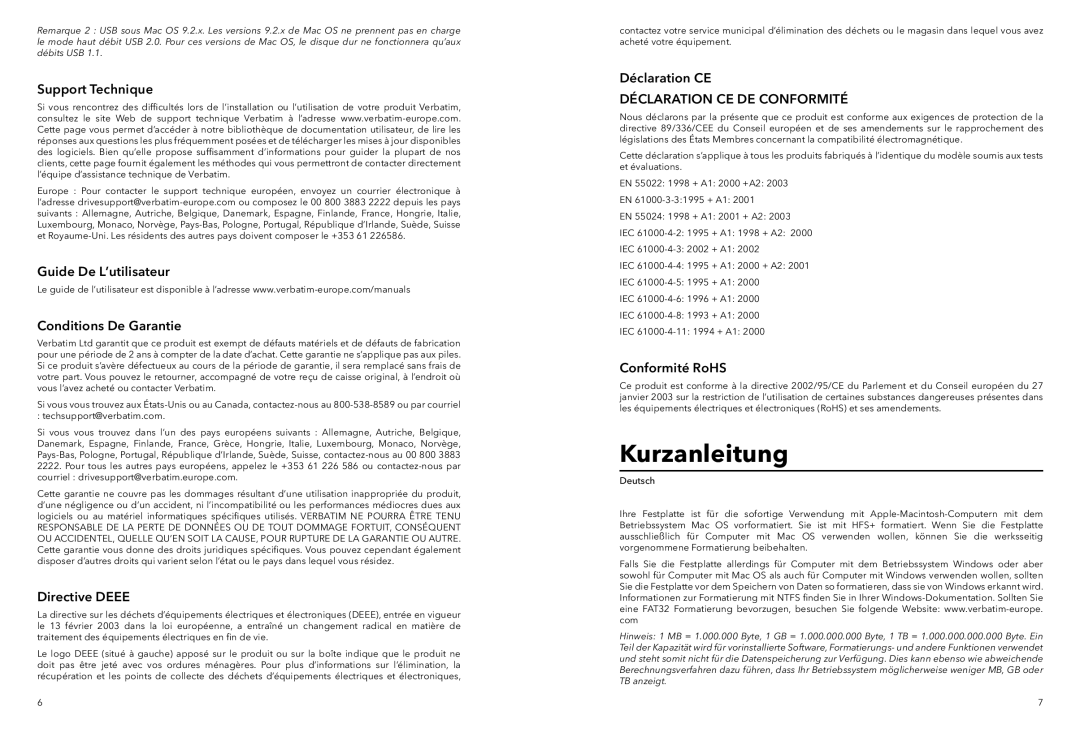 Verbatim Portable Hard Drive Combo USB Kurzanleitung, Directive Deee, Déclaration CE DE Conformité, Conformité RoHS 