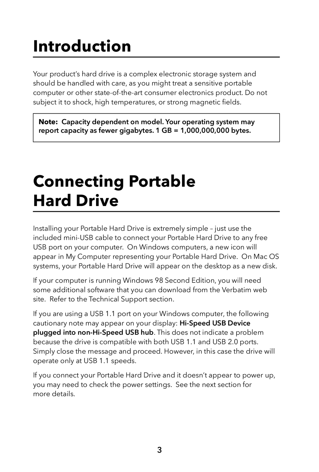 Verbatim Portable Hard Drive USB 2.0 manual Introduction, Connecting Portable Hard Drive 